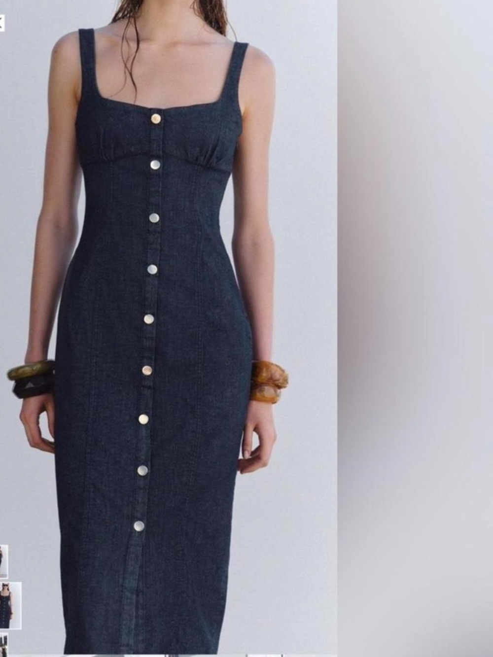 Zara Dark Indigo Button-Front Midi Body Fit Stretch Denim Dress M - Picture 3 of 7